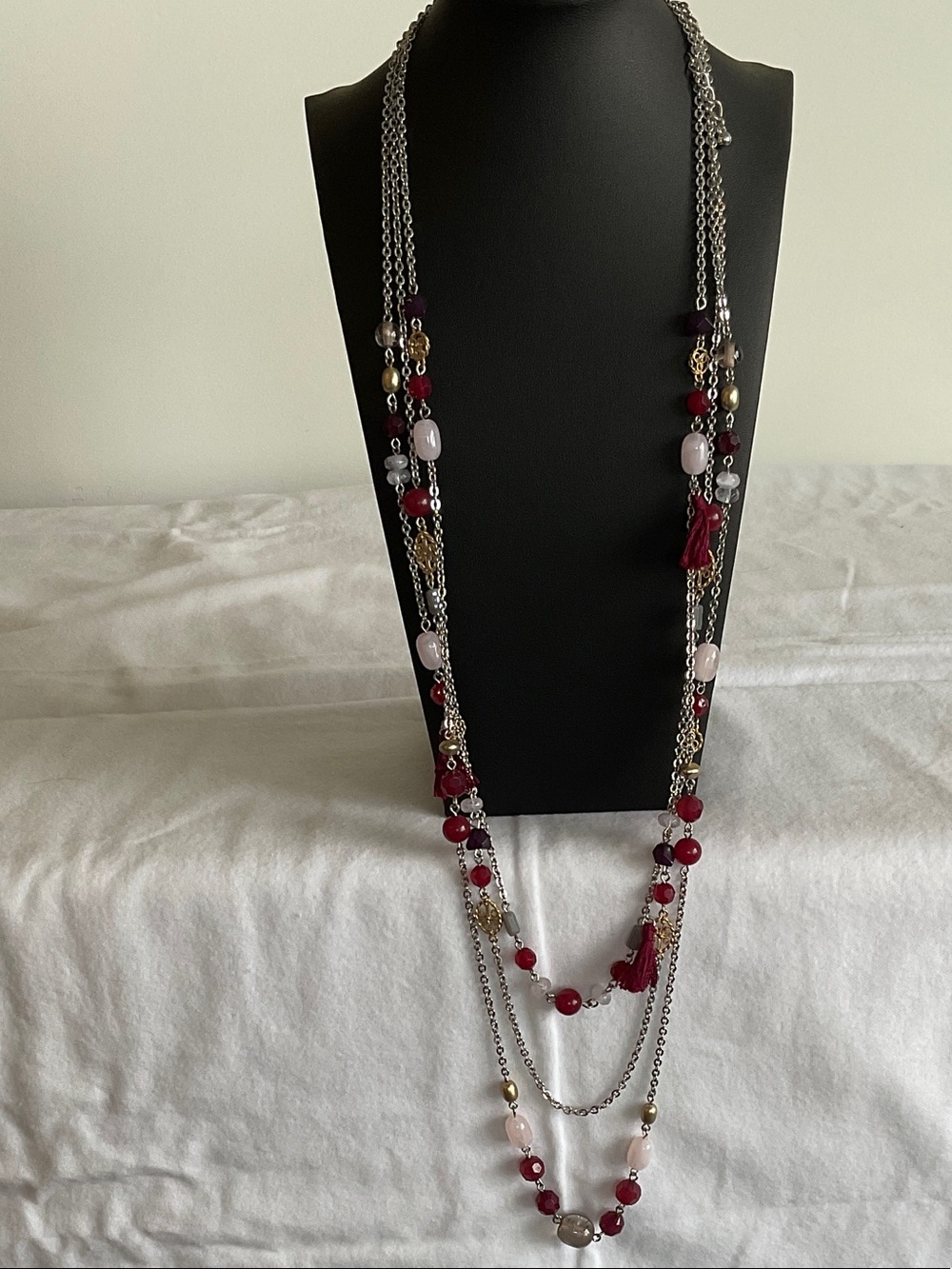 Chico’s Multi-Strand Long Red Bead & Tassel Necklace NWT